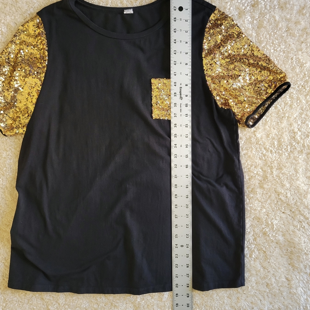 Sunshine & Rodeo black t-shirt with gold sequins sleeves and pocket size 3X - Picture 5 of 8